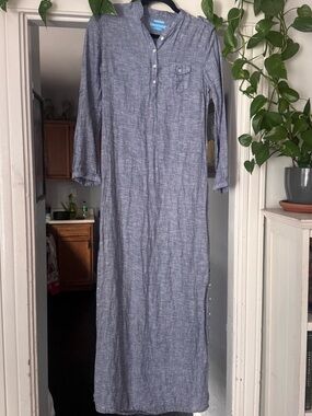 Island company linen dress blue chambray long sleeve button maxi summer beach